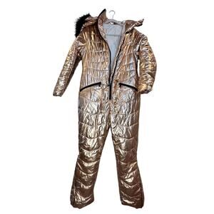 NWT Aurgelmir Winter Ski Suit Fur coat Jumpsuit Snowsuit S Metallic Gold Puffer
